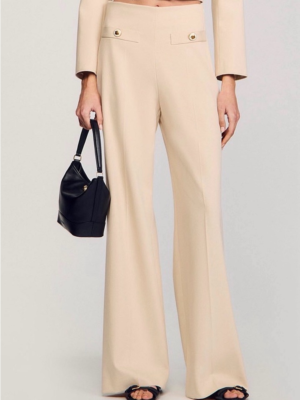 Sandro Cream Wide-Leg High-Rise Pants